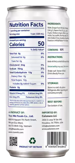 Dragon Fruit & Passion Fruit nectar, back of can with nutrition facts and ingredients