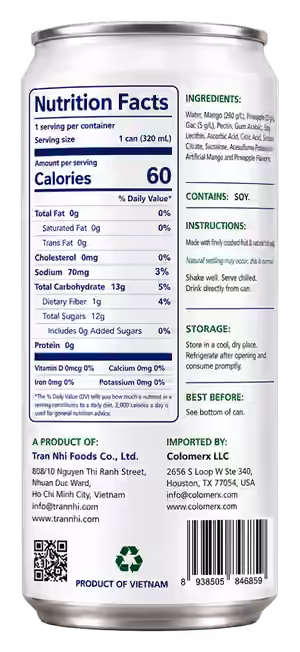 Mango & Pineapple nectar, back of can with nutrition facts and ingredients