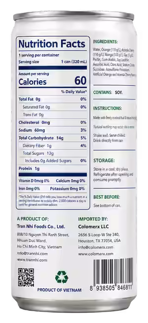 Orange & Acerola Cherry nectar, back of can with nutrition facts and ingredients