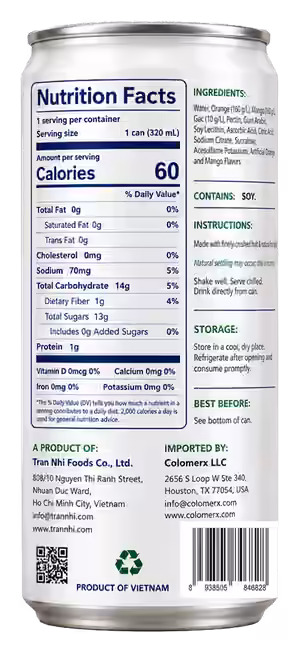 Fresh Orange & Mango nectar, back of can with nutrition facts and ingredients