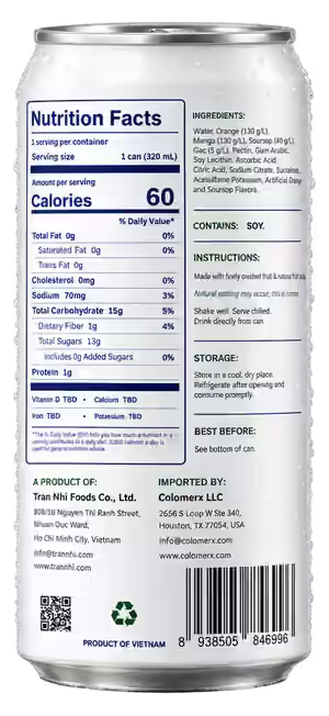 Orange & Soursop nectar, back of can with nutrition facts and ingredients