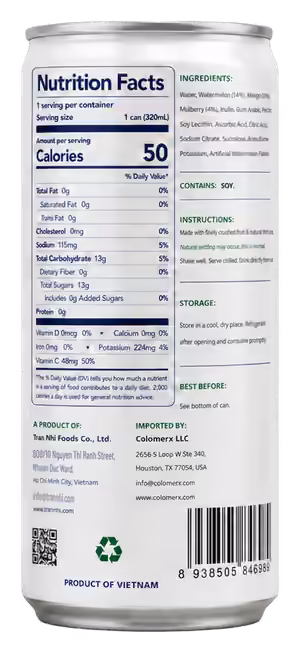 Watermelon & Mulberry nectar, back of can with nutrition facts and ingredients
